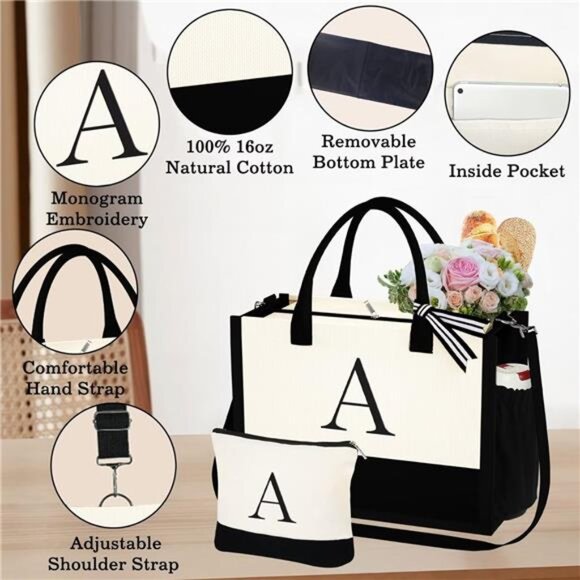 Mothers Day Gifts for Women - Initial Tote Bag & Makeup Hand‎ Bag for Moms - Picture 4 of 6
